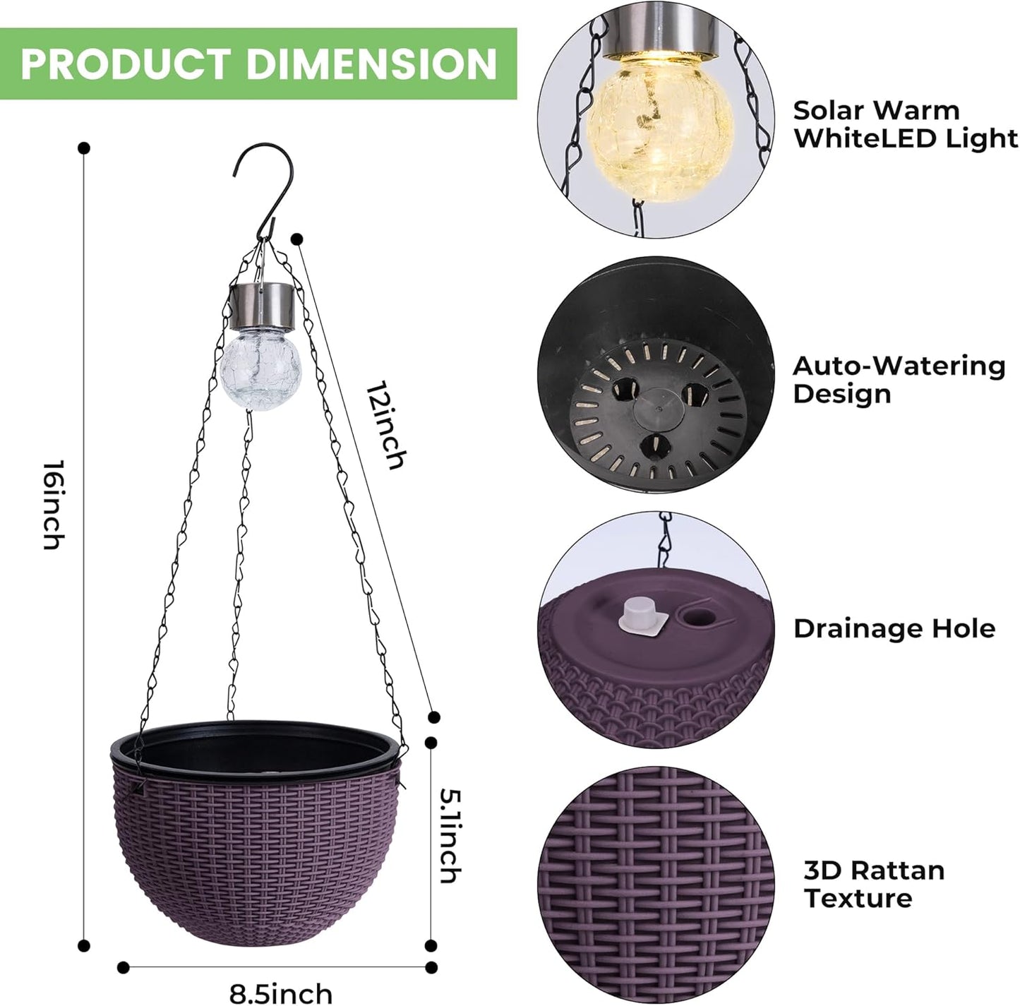 Hanging Planters for Outdoor Plants,2 Pack Coffee Artificial Rattan Solar Hanging Baskets with Drainage Holes & Removable Tray,Hanging Flower Pots Gardening Gifts for Women/Mothers