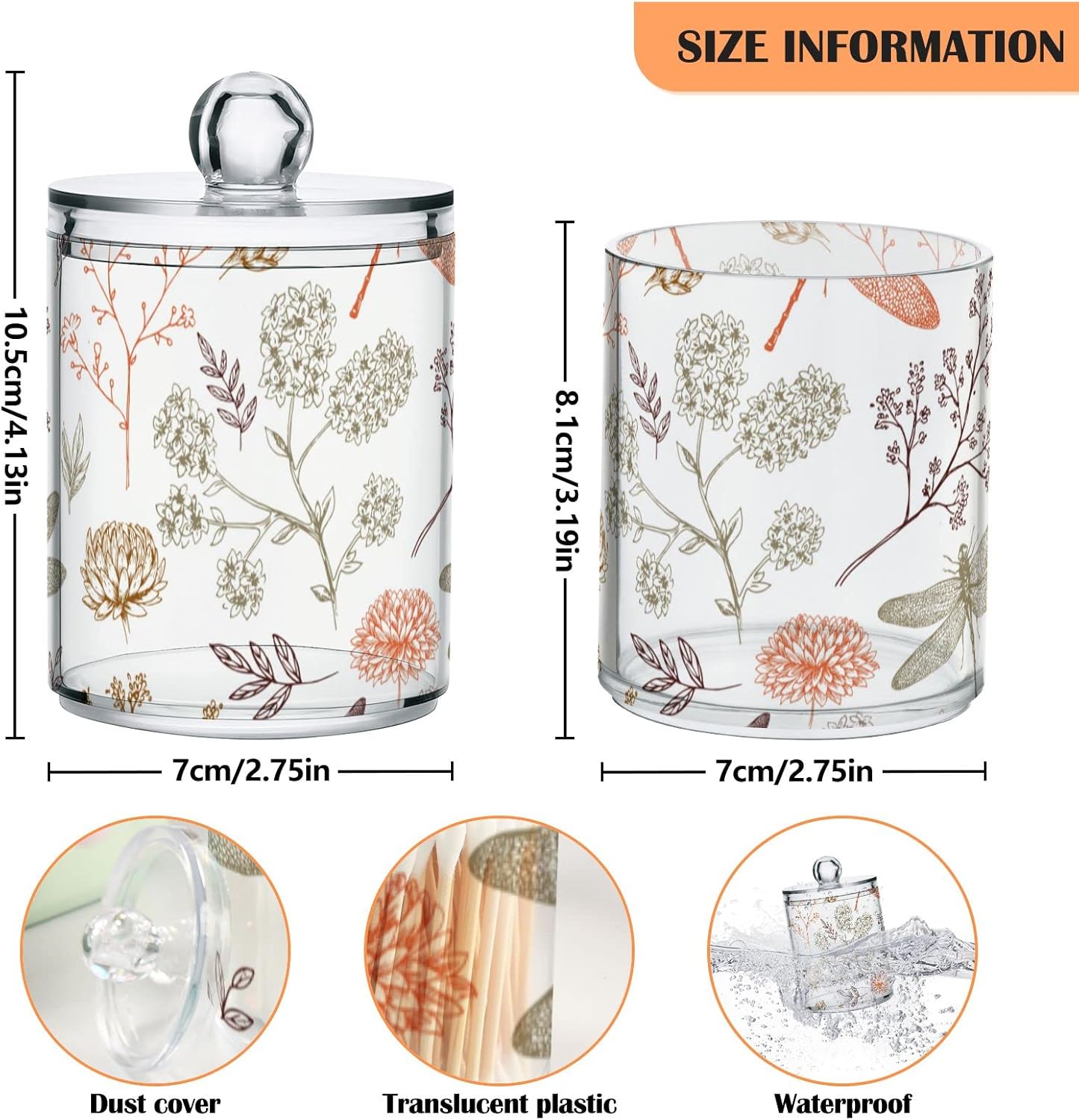 2 Pack Qtip Holder Organizer Dispenser Dragonfly Pattern Bathroom Storage Canister Cotton Ball Holder Container for Cotton Swabs/Pads/Floss