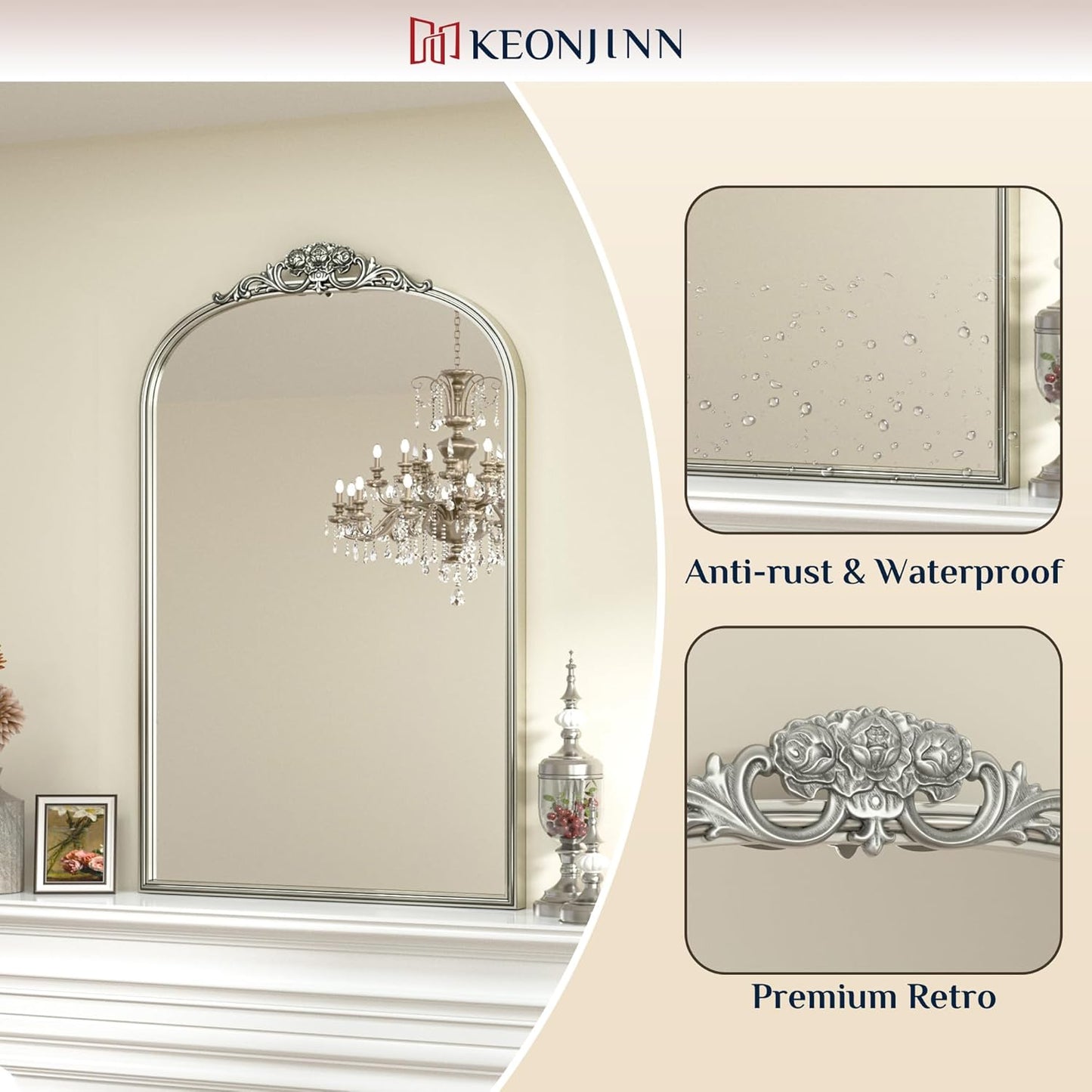 Keonjinn Vintage Mirror for Wall, 36" x 30" Silver Antique Mirrors with Metal Frame, Baroque Style Decoration for Mantle, Bathroom, Living Room, Fireplace, Bedroom, French Cleat Mounting