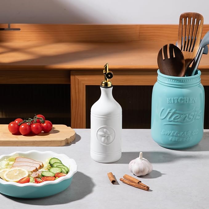 Sweejar 16 Oz Ceramic Olive Oil Dispenser Bottle, Oil Dispenser for Kitchen with Gravity Spout, Relief Opaque Oil Container for Evoo, Avocado Oil, Vinegar, Soy Sauce, 1 Pack(White, Gold Spout)