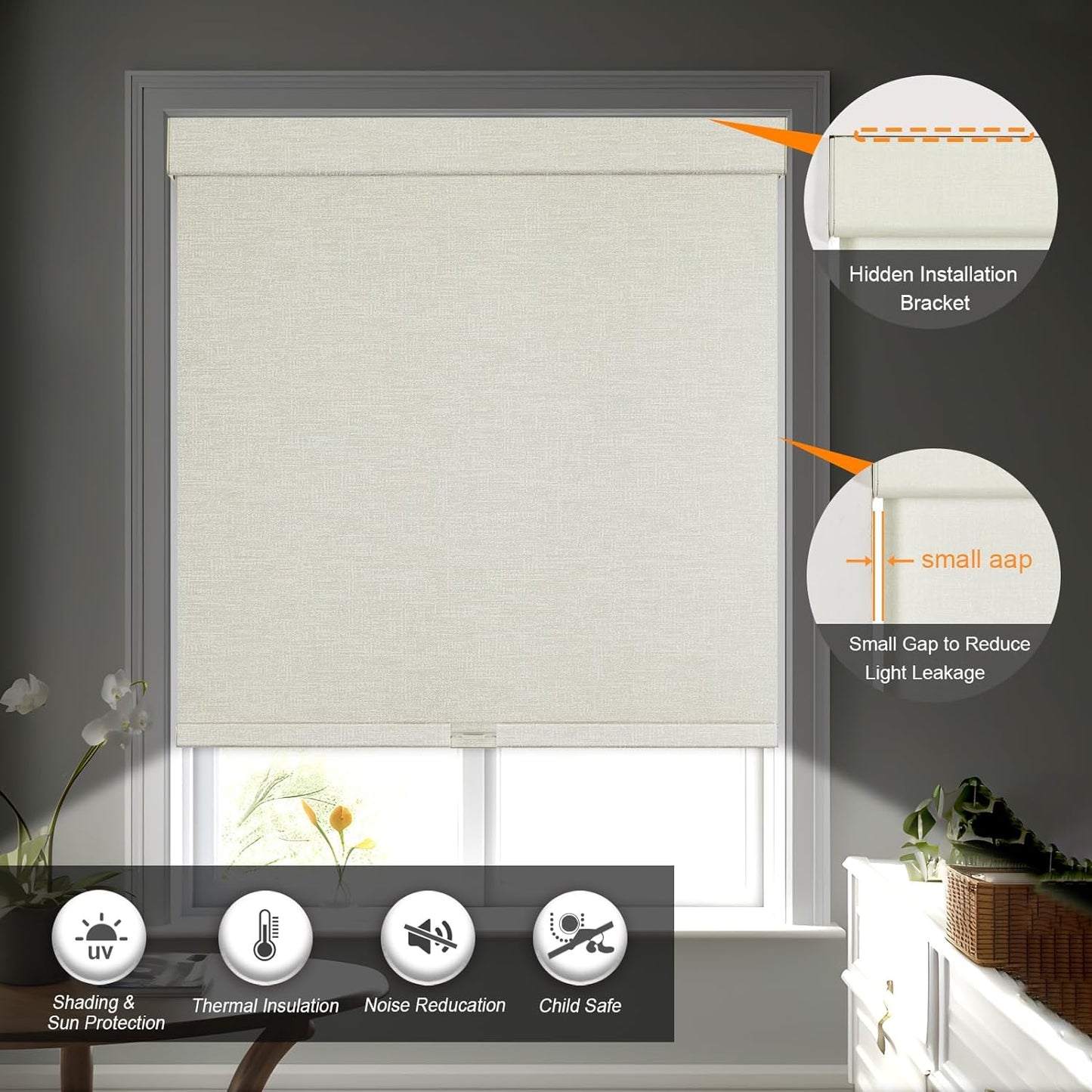 Persilux Blackout Shades for Windows Cordless Roller Blinds, Roller Windows Shades for Home with Fabric Attached Valance, UV Protections Easy Installation for Door/Office, Limestone(27.5" W x 72" H)