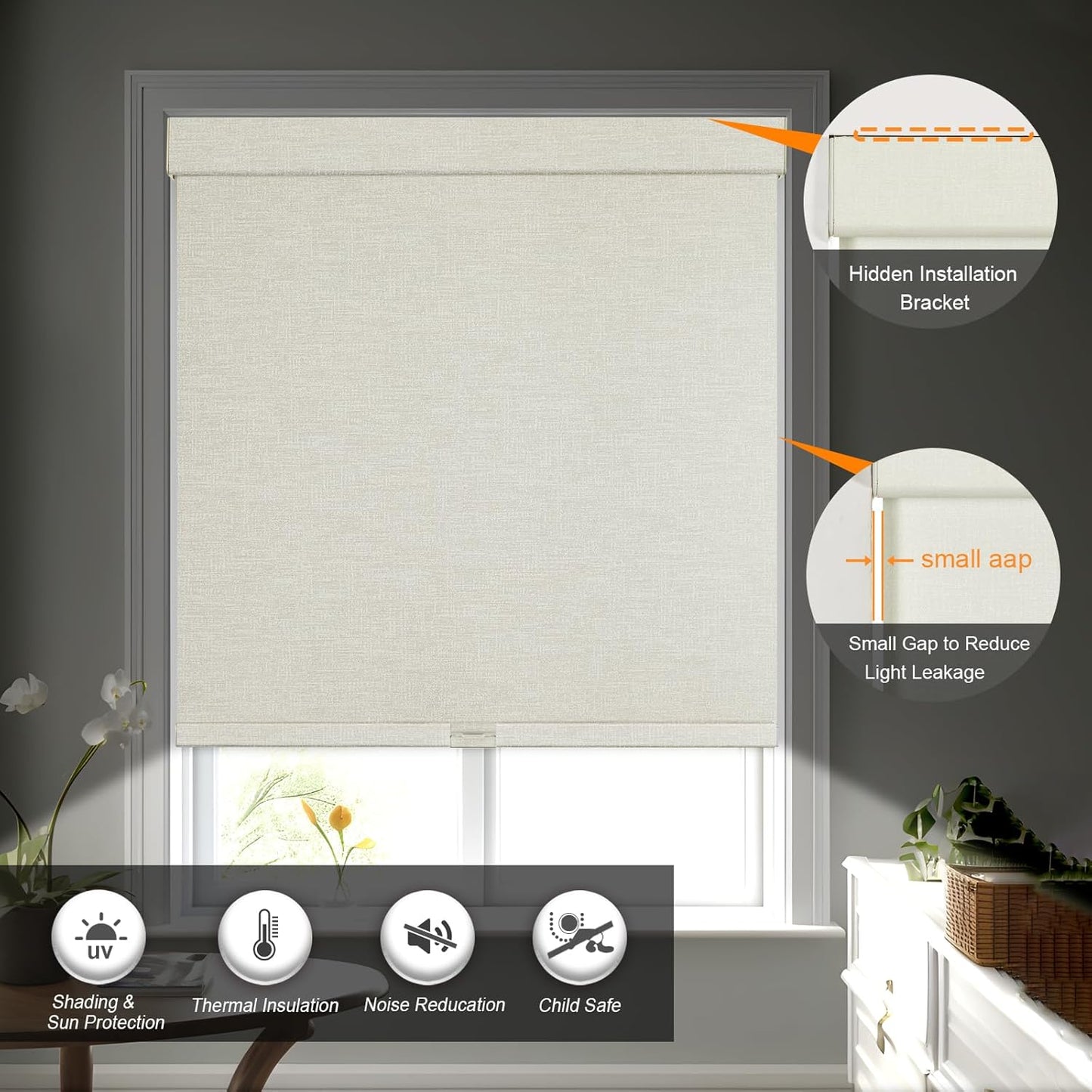 Persilux Blackout Shades for Windows Cordless Roller Blinds, Roller Windows Shades for Home with Fabric Attached Valance, UV Protections Easy Installation for Door/Office, Limestone(71" W x 84" H)