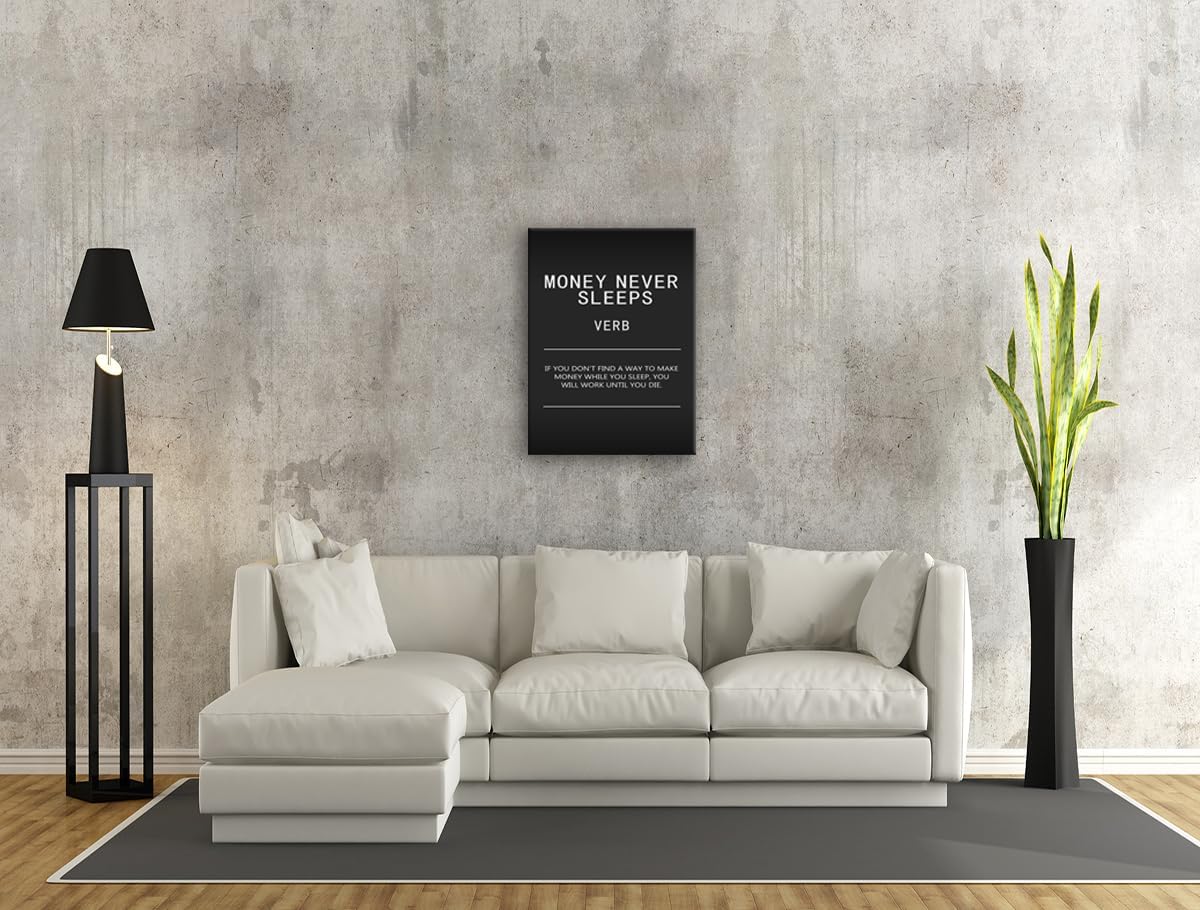 Inspirational Office Framed Canvas Wall Art Money Never Sleeps Verb Black and White Motivational Quotes Paintings Artwork Wall Home Living Room Bedroom Decor Framed and Stretched[30" W X 40" H]