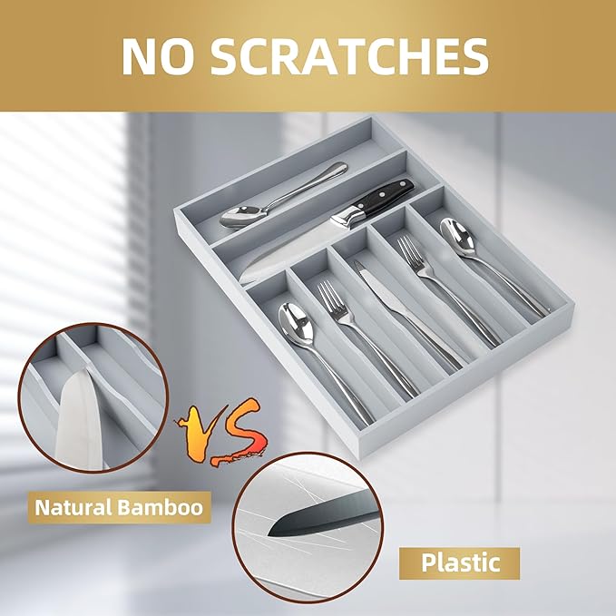 Silverware Organizer 13 Inch Gray Bamboo Kitchen Drawer Organizer 7 Slots Utensil Organizer Silverware Holder Cutlery Organizer Flatware Tray (Large)