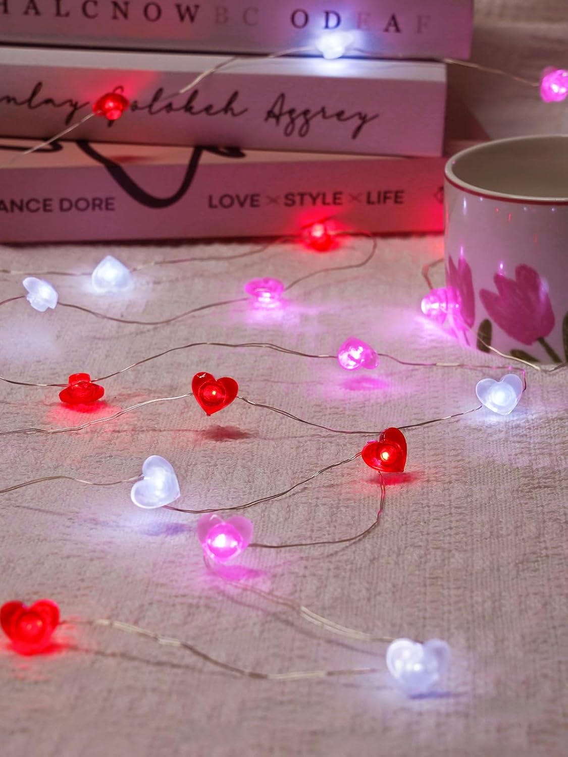 Red Pink White Heart Fairy Lights Battery Operated for Valentines Decor, 10FT 30 LED Battery String Lights with Timer Waterproof for Indoor Outdoor Valentines Proposal Anniversary Wedding Decorations