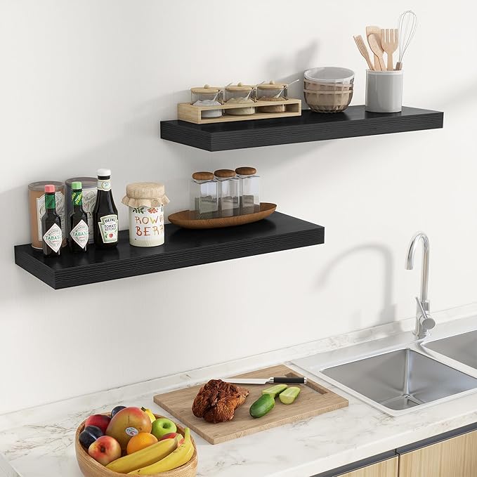 Fun Memories Floating Shelves for Wall, 32 Inch Long Floating Shelves Set of 2, 32 x 10 Wooden Shelves for Wall, Large Storage Shelves, Hanging Shelves for Bathroom Kitchen Bedroom, Black