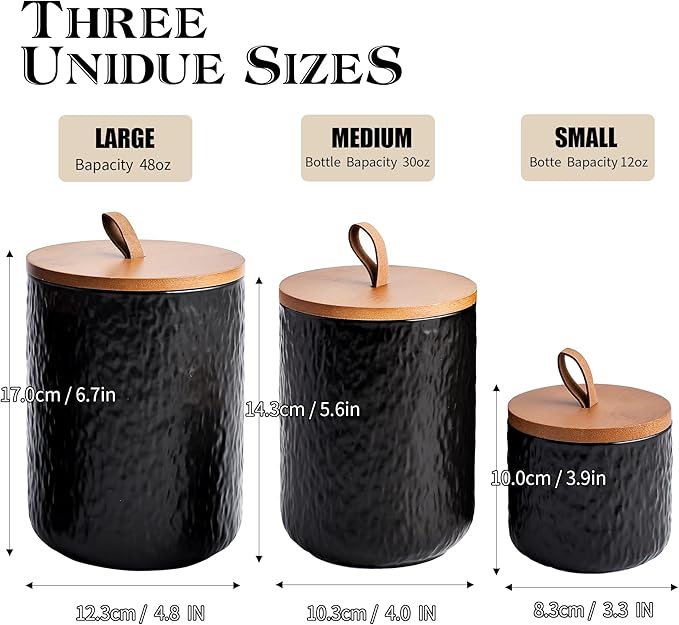 JOJUNO Black Ceramic Canister Set with Wooden Lid, 3-Piece Airtight Food Storage Jars for Kitchen Counter - Flour, Sugar, Coffee, Tea, Spice - Small, Medium, Large Sizes - Stone Texture