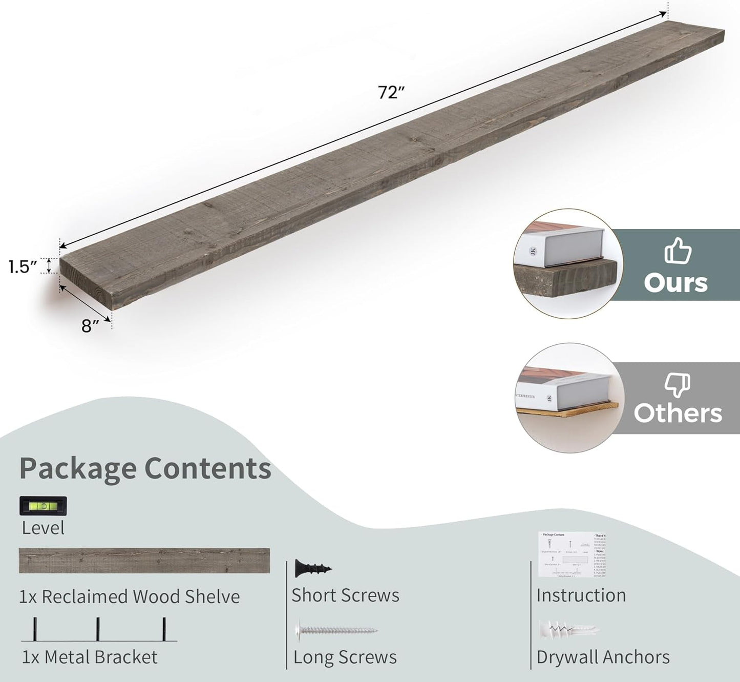 72 inch Floating Shelves for Wall, 8" Deep Rustic Reclaimed Barnwood Shelves, Floating Shelf Wall Hanging Shelves with Invisible Heavy-Duty Metal Bracket | Wall Mounted | Farmhouse Style, 1PC,Grey