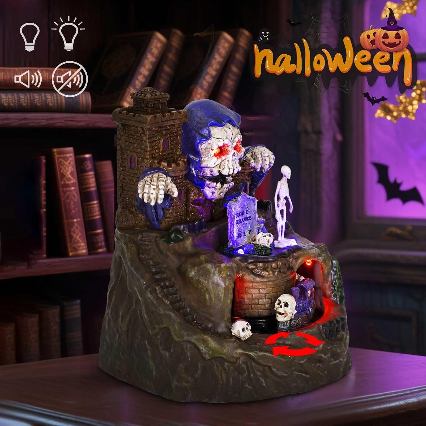 innodept12 Animated Halloween Small Village House - Moving Train and Skull Ghosts Tombstones Figurines with Pre-Lit Spooky Voice, Battery Operated, Not Including