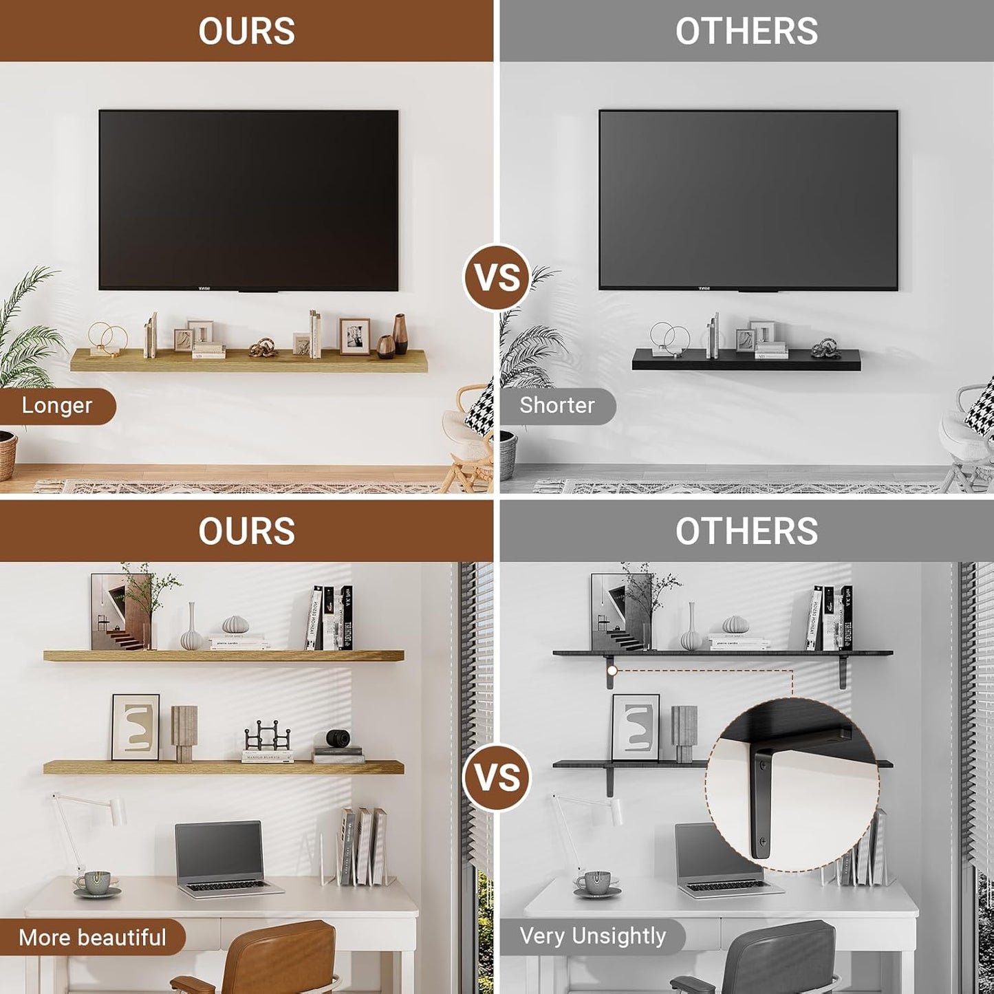 Heimlove 32 Inch Floating Shelves for Wall,Oak 9.3" Deep Floating Shelf Set of 2,Wall Mounted Shelves for Bathroom Bedroom Living Room Kitchen Office,Shelf for Books Storage Room,Home Decor