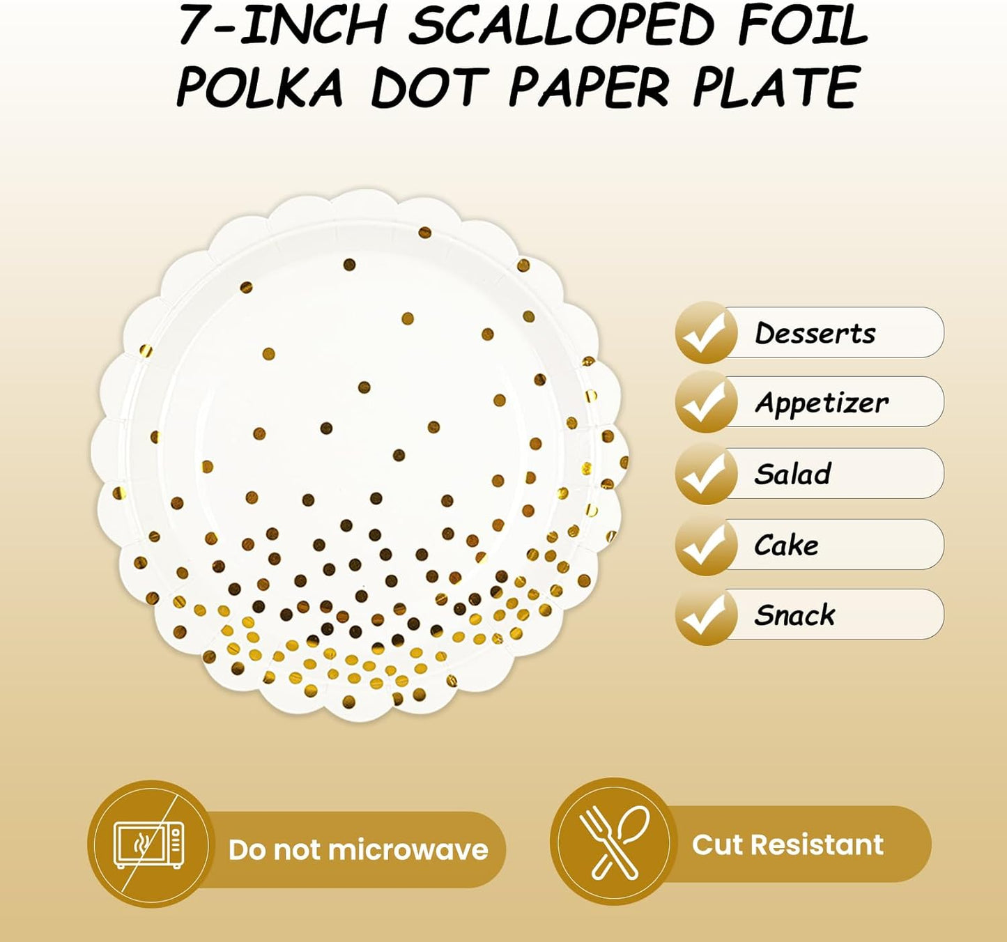 50PCS White and Gold Paper Plates, 7 Inch White Scalloped Party Plates Disposable Dessert Plate Cake Plate for Wedding Engagement Baby Shower Birthday Dinner