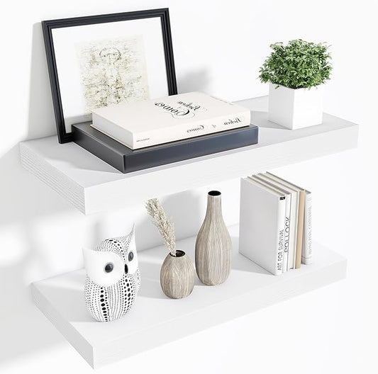 Fun Memories 24 Inch Floating Shelves Wall Mounted, 10 Inch Deep Wall Shelves, 24 x 10 Floating Shelf for Living Room Bathroom Bedroom, White, Set of 2
