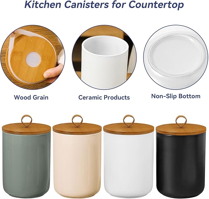 Large Ceramic Storage Jars, Modern Elegant Highly Polished Airtight Gorgeous Storage Canisters with Wooden Lid Food Storage Jar for Kitchen Spice Tea Vanilla Sugar Coffee Beans (Light grey)