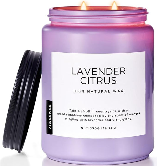 M&SENSE Lavender Citrus Candles, 19.4oz 110H Burn Time Large Natural Soy Candles for Home Scented, Stress Relief Aromatherapy Gifts for Mom Friends Teacher & Spa, Bath, Yoga