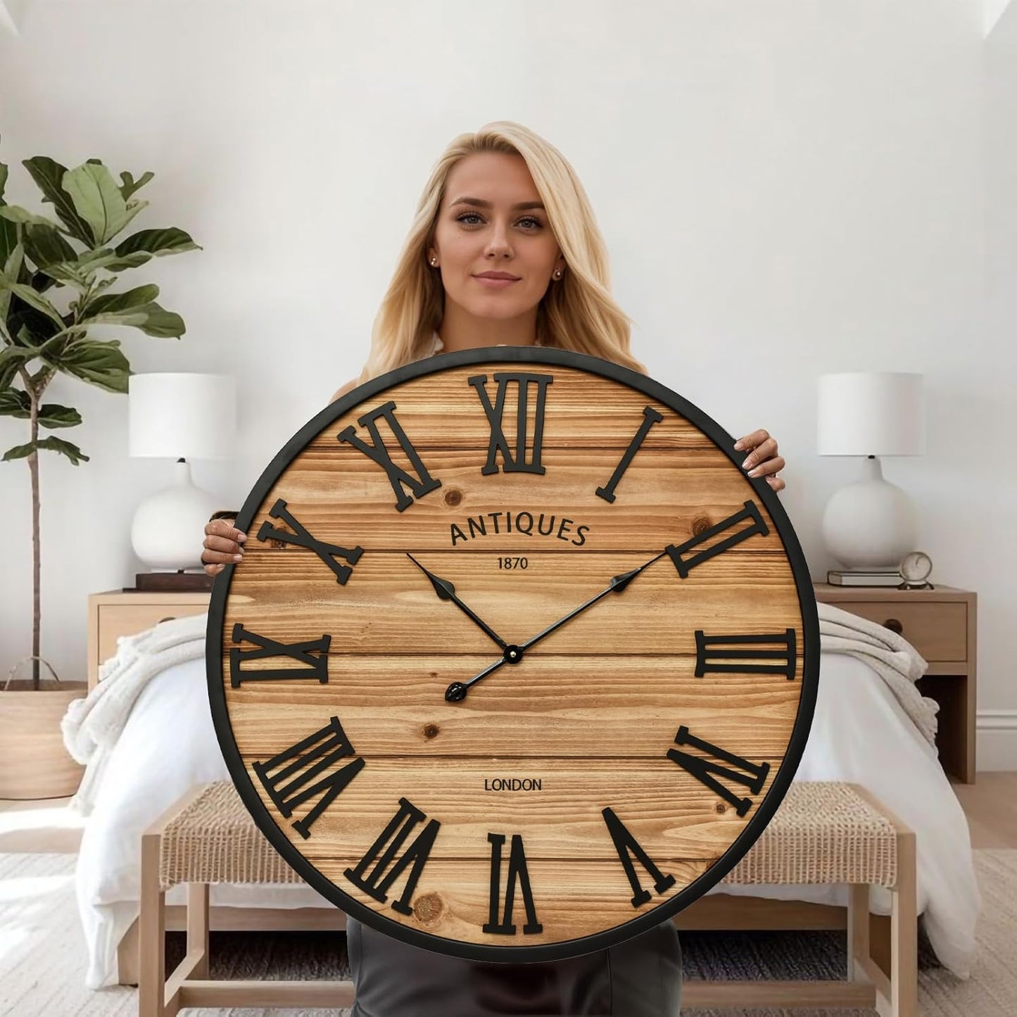 30 Inch Farmhouse Wall Clock - Large Rustic Wood, Silent Sweep, Battery Operated for Living Room Kitchen Office, Brown