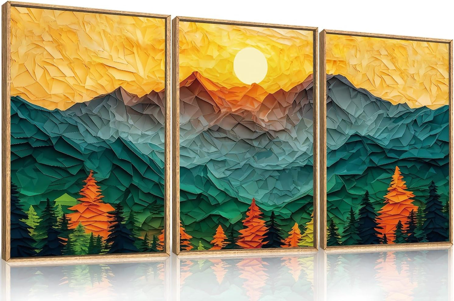 Celestdeco Abstract Mountain Framed Canvas Wall Art Set, Forest Pine Tree Golden Sunset Wall Decor, Mixed Patchwork Landscape Art Print for Living Room, Bedroom, Dining Room, Office - 24"x36"x3