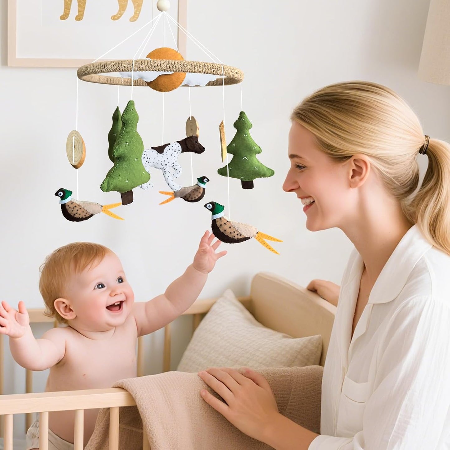 Baby Mobile for Crib Hunting Baby Crib Mobile for Boys Girls Handmade Felt Woodland Nursery Decor Infant Bedroom Hanging Pheasant Dog Hunting Decor for Bassinet Gender Reveal Newborn Gifts