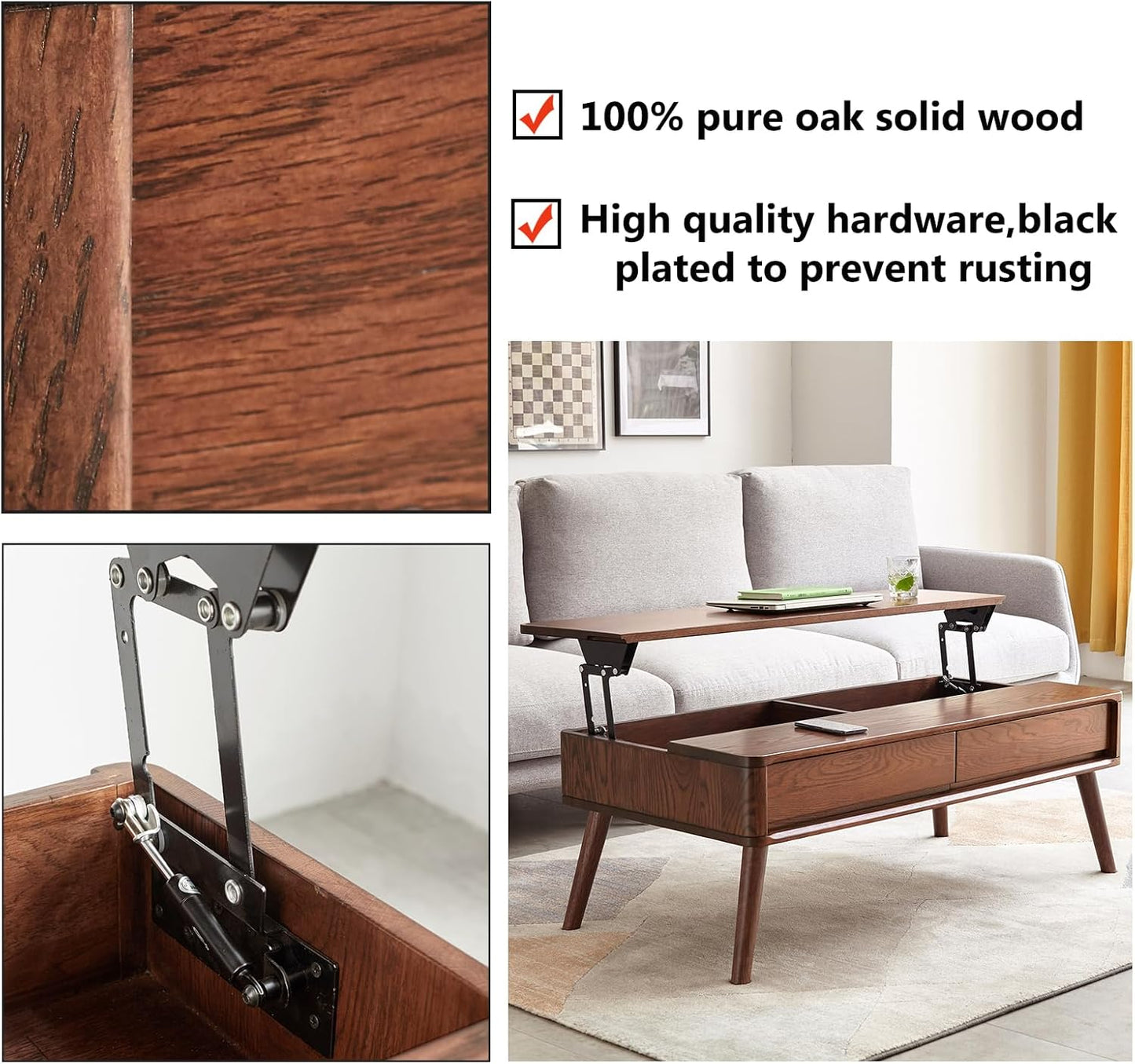 Solid Oak Wood Lift Top Coffee Table for Living Room, Mid Century Modern Tables with Drawers and Large Storage, Coffee Tables for Small Spaces (Oak Walnut Color, 39.37" W x 21.65" D x 25.59" H)