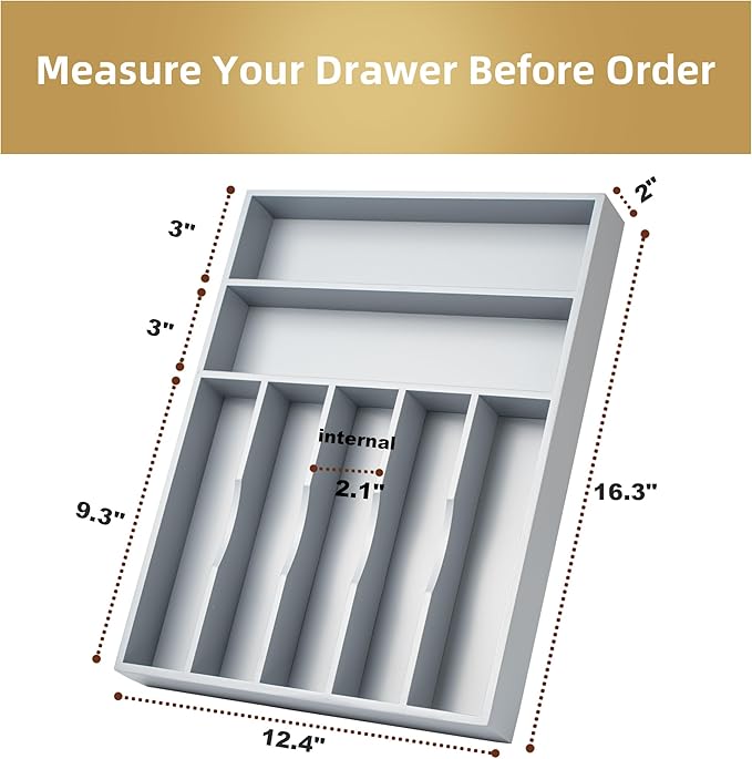 Silverware Organizer 13 Inch Gray Bamboo Kitchen Drawer Organizer 7 Slots Utensil Organizer Silverware Holder Cutlery Organizer Flatware Tray (Large)
