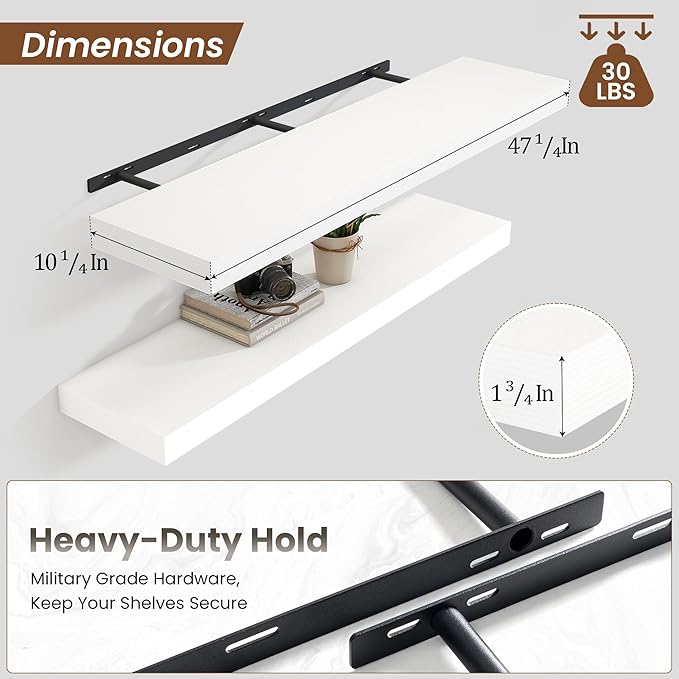 Heimlove 48" White Floating Shelves for Wall,10 Deep Rustic Wood Display & Storage Wall Shelves with Heavy Duty Brackets for Bathroom,Bedroom,Kitchen,Living Room,Office