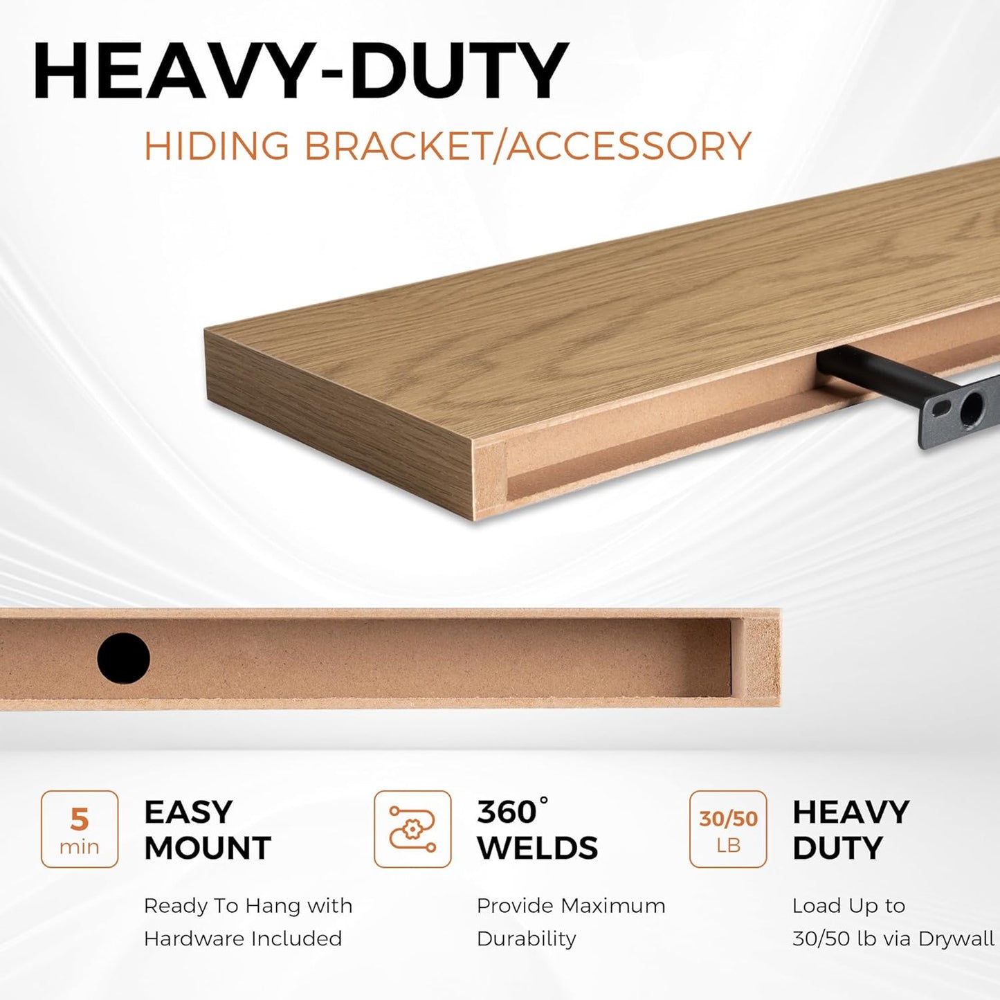 Fun Memories 48 Inch Floating Shelves for Wall, Set of 2 – Rustic Wood Wall-Mounted Shelves with Invisible Brackets for Bedroom, Bathroom, Kitchen – Storage, Books, or Decor, Oak