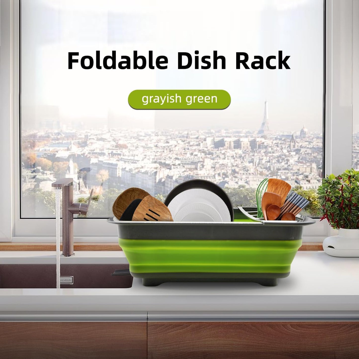 THANSTAR Collapsible Dish Drying Rack for RV Campers Portable Dinnerware Drainer Organizer for Kitchen Travel Trailer-Green