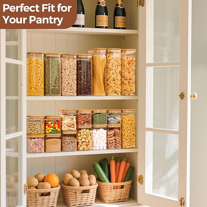 ComSaf Food Storage Containers with Airtight Lids Set of 6, Clear Glass Canister Food Jar with Sealing Lid Kitchen Pantry Storage Container for Spaghetti Pasta Sugar Flour Oat Cereal Beans, Square