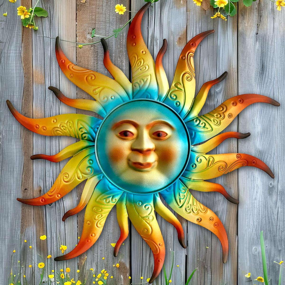 Metal Sun Wall Art Decor - 17.3 inches Outdoor Wall Decor,Sun Face Sculpture for Garden Farmhouse Yard Patio Fence Living Room Bedroom Gift Idea for Family Friends