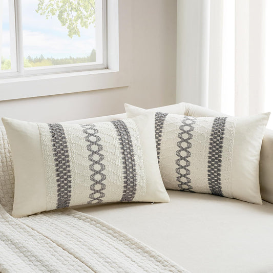 MIULEE Set of 2 Gray Boho Decorative Lumbar Pillow Covers 12x20 Inch Farmhouse Rustic Couch Throw Pillows Modern Cotton Cushion Covers Retro Cute Macrame Woven Home Decor for Bed Sofa Chair