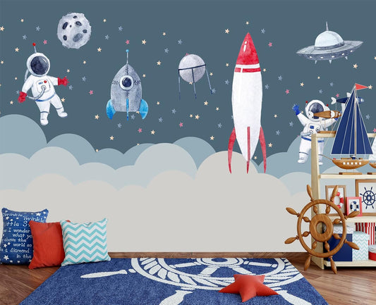 Children's Astronaut Rocket Moon Nursery Wall Mural Wallpaper 103" x 69"