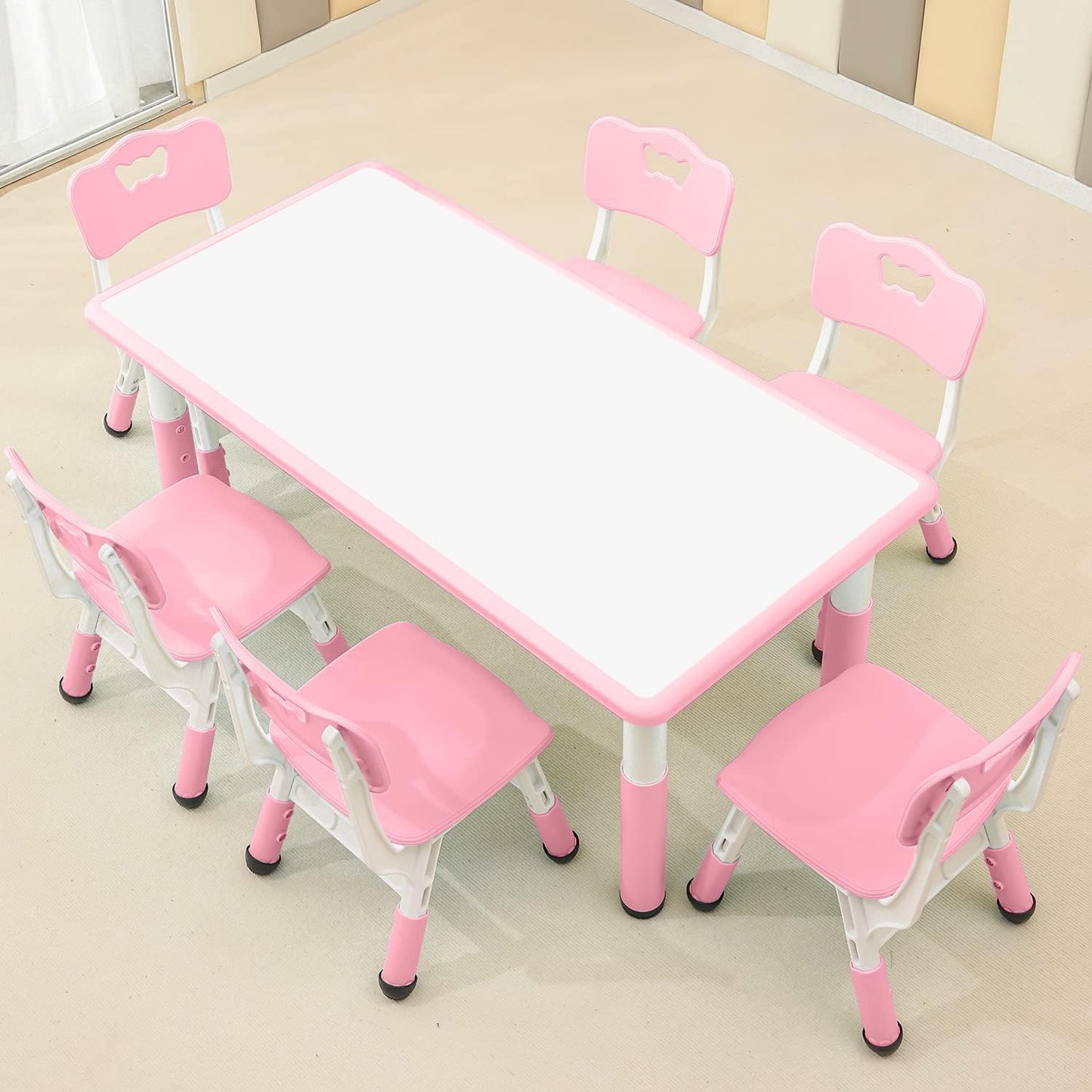 Children's Table and Chair Set Suitable for Boys and Girls Age 2-12 Height Adjustable Table top Can be Painted with 6 Seats Suitable for Family Learning Daily use (Pink)
