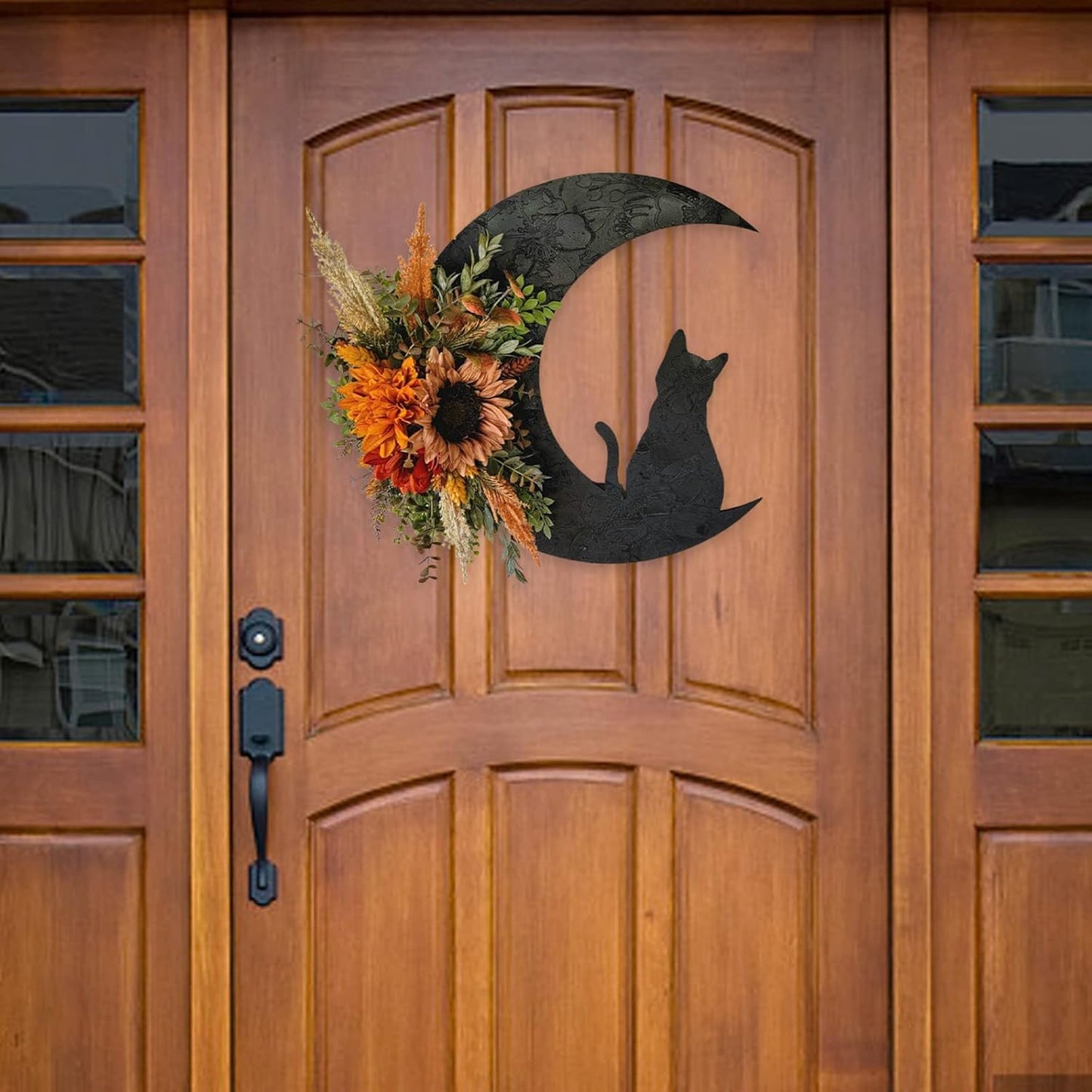 Halloween Wreaths for Front Door, Black Cat on Moon Garland with Rose Wreath Decor, Halloween Decorations Crescent Moon Wreath for Home Party Window Wall Indoor Outdoor (orange flower)