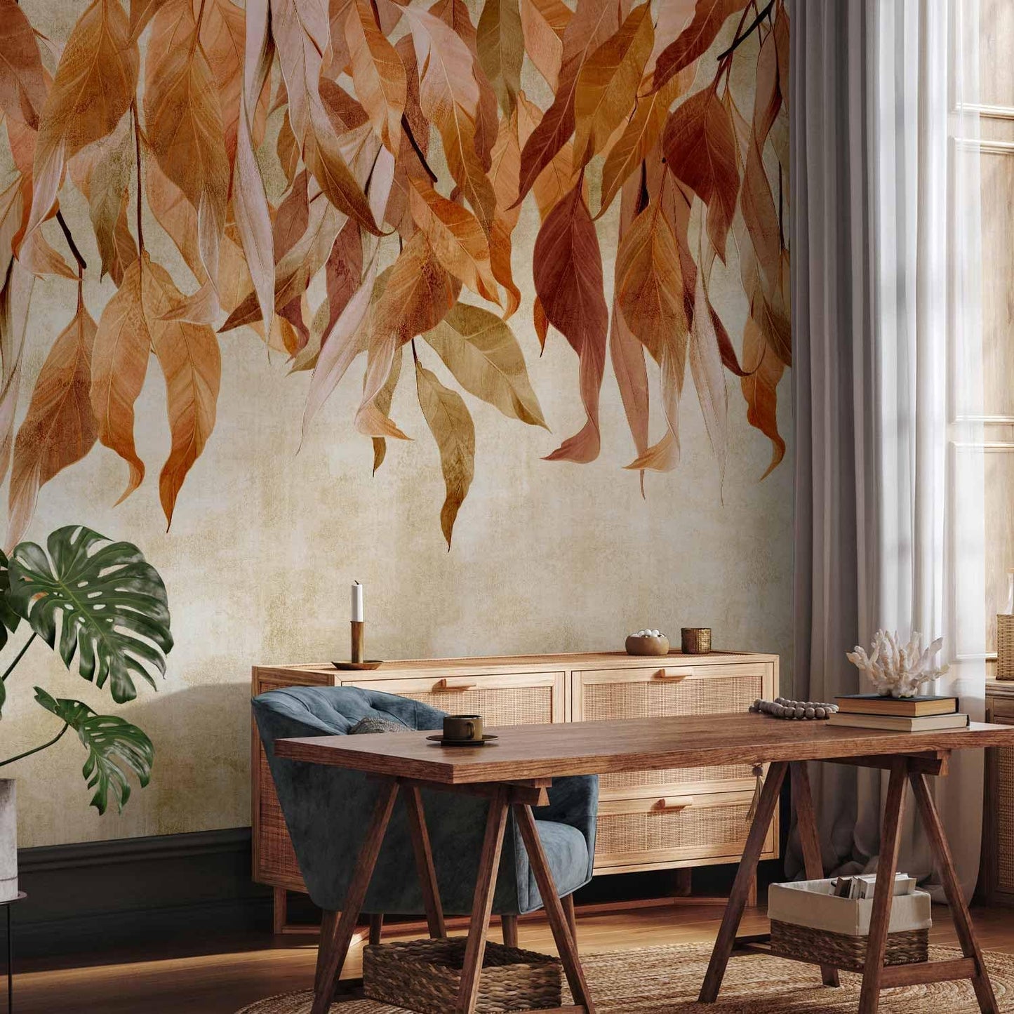 artgeist Wall Mural Hanging Leaves 118x83 in - Non-Woven Wallpaper Fleece Wall Decor Photo Print Picture Image Design Nature Botanical Concrete Orange Beige b-C-10146-a-c