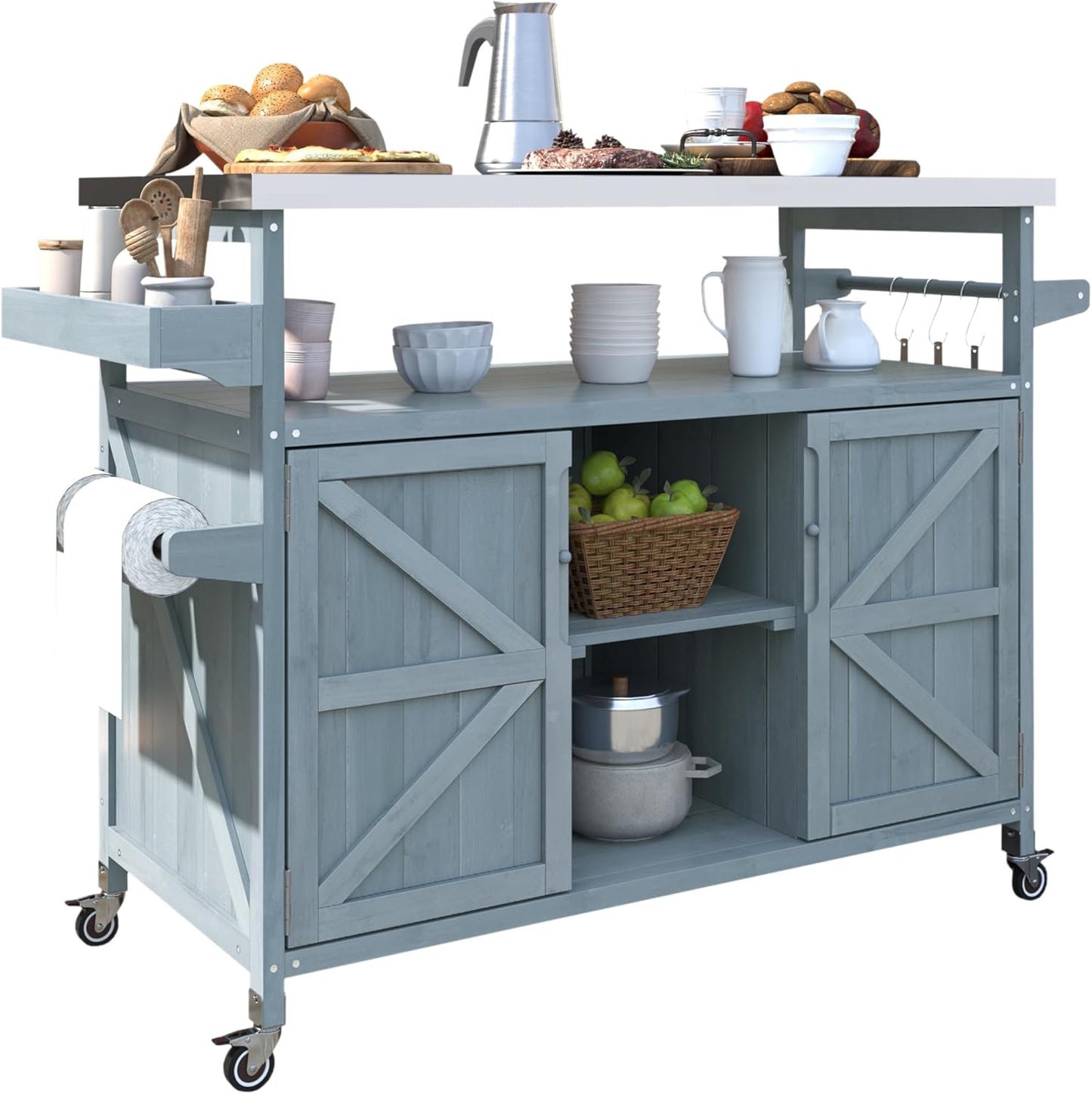 Outdoor Solid Wood Grill Table with Stainless Steel Top, Farmhouse Kitchen Island with Storage Cabinet, Outdoor Bar Cart with Internal Storage Rack, Spice & Towel Rack, Grey Blue