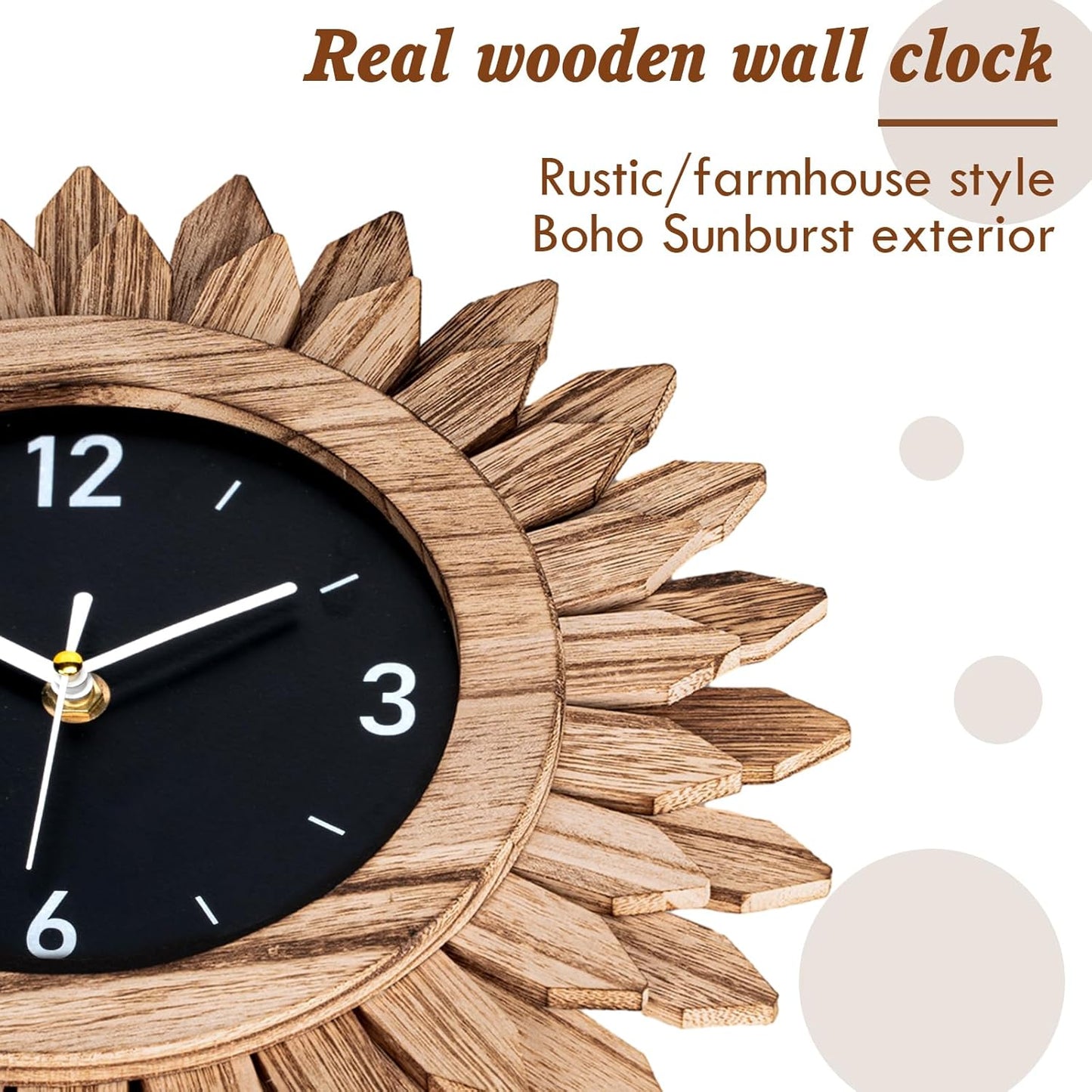 Honiway Wall Clock Battery Operated 12 in Rustic Wood Boho Sunburst Decorative Wall Clock Silent Non Ticking Farmhouse Small Wall Clocks for Living Room Kitchen Bathroom Bedroom Decor (Rustic Brown)
