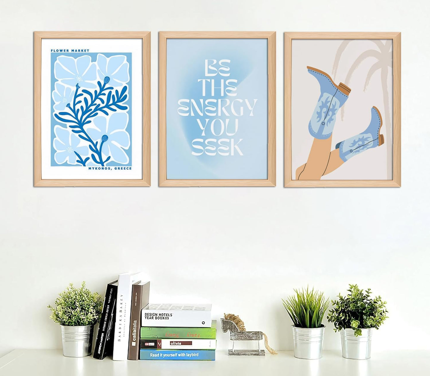 Blue Preppy Canvas Wall Art Set of 3 Trendy Cowgirl Boots Home Decor Flower Market Posters Prints Coastal Aesthetic Painting Picture for Girls Bedroom Bathroom Living Room Dorm 12x16Inch Wood Framed