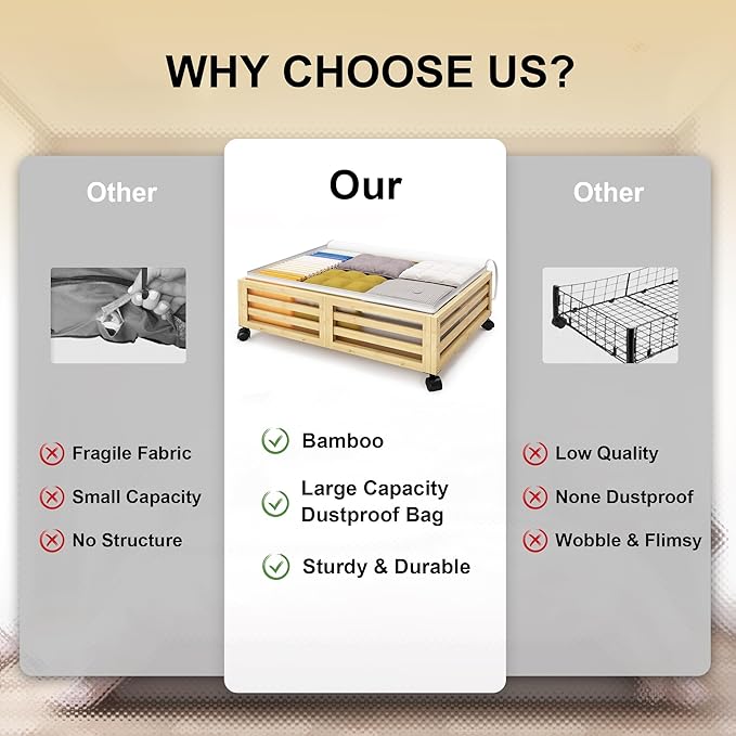 Under Bed Storage Containers With Wheels - 2 Pcs Bamboo Wood Rolling Underbed Shoe Storage Bins With Dust Bags for Clothes Blankets, Duvet Covers Snacks Toys (Natural)