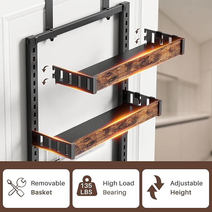 6 Tier Over The Door Pantry Organizer, 2 IN 1 Wall Mount or Metal Hanging Spice Rack for Pantry Organizers and Storage, Seasoning Shelves，Adjustable Basket with Hooks for Kitchen, Bathroom,Laundry