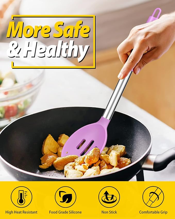 Pack of 2 Large Silicone Cooking Spoons,Non Stick Solid Basting Spoon,Heat-Resistant Kitchen Utensils for Mixing,Serving,Draining,Stirring (PURPLE)