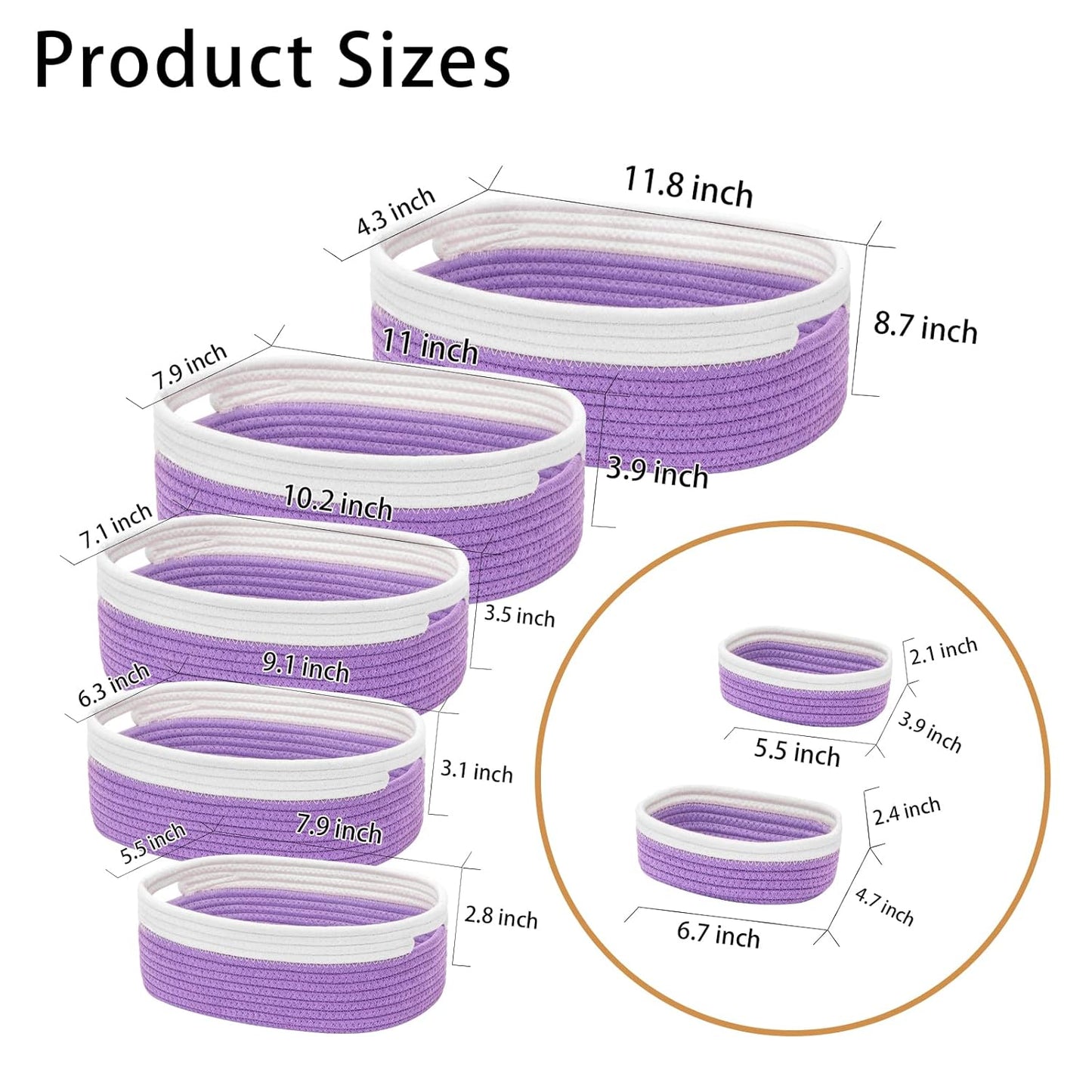 7 Piece Cotton Rope Woven Basket Set - Small Basket for Baby Nursery, Pets, Montessori, Dog & Cat Toy Boxes, Bathroom Organization Bins (White/Purple)