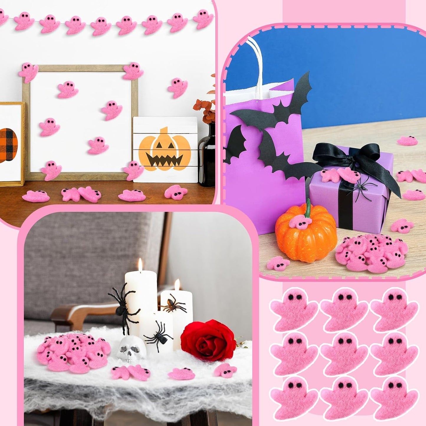 24 Pcs Halloween Felt Ghosts Wool Felted DIY Ornament Ghost for Halloween Party Decoration Home Indoor Outdoor Supplies(Pink)