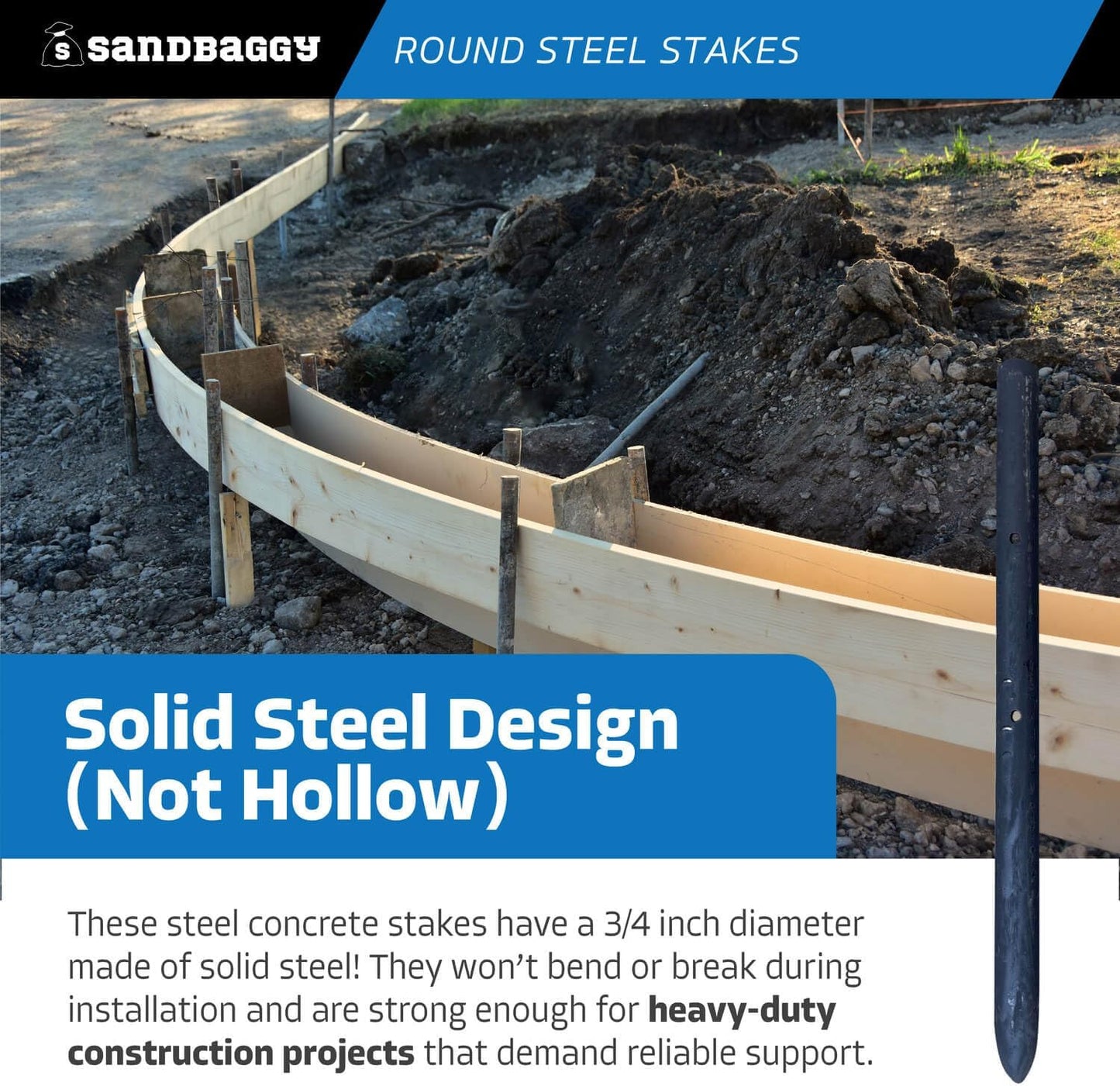 Sandbaggy Round Steel Concrete Form Stakes with Nail Holes - Rust Resistant Coating - Removable, Reusable (80, 3/4 in X 12 in)