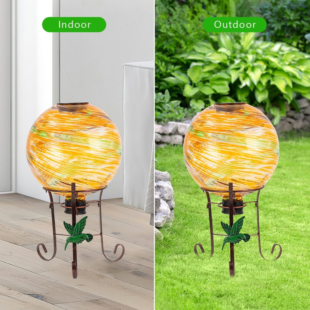 10" Diameter Solar Gazing Ball and 8.5" Metal Stand Indoor Outdoor Garden Ornament Glass Globe Sphere Yard Art Gazing Globe for Garden,Home,Lawn,Porch,Patio Birthday Gift for Women(Orange)