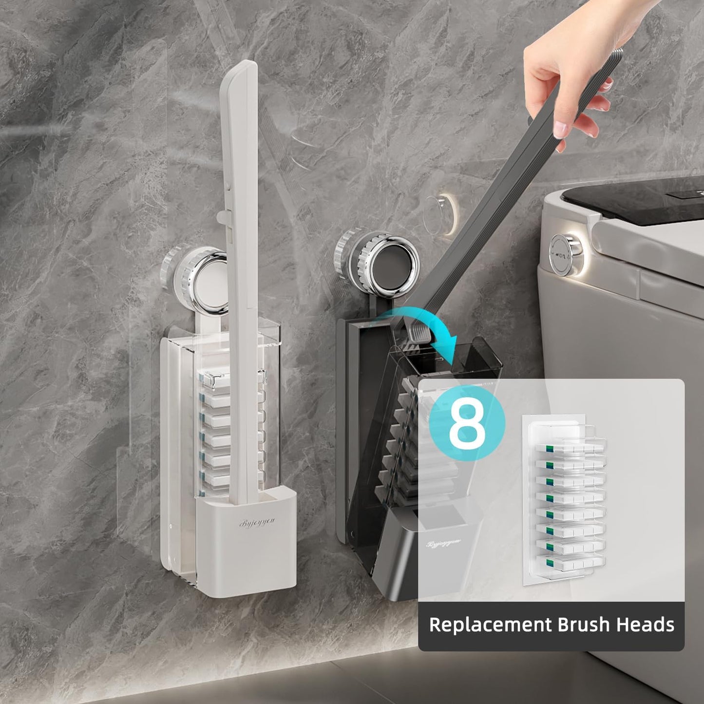 Disposable Toilet Brush with Replaceable Heads, Wall-Mounted Holder, Hygienic Bathroom Cleaning Tool (WhiteToilet Brush + 8 Refills)