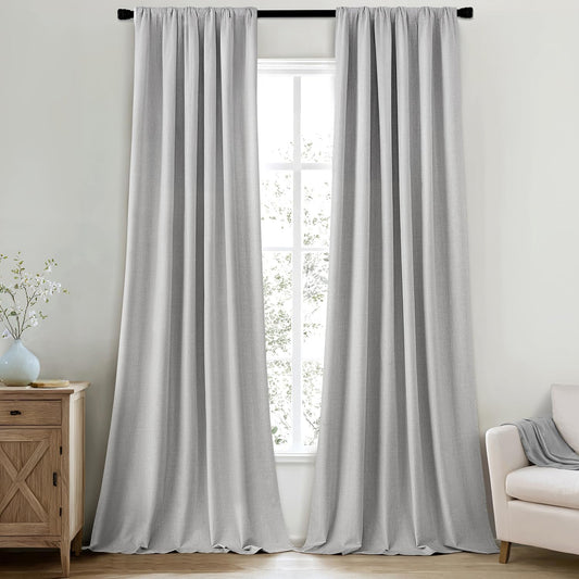MIULEE 100% Blackout Curtains 120 Inch Long 2 Panels for Bedroom, Thick Luxury Faux Linen Black Out Curtain Room Darkening Back Tab Pleat Window Textured Drapes with Hooks for Living Room, Gery