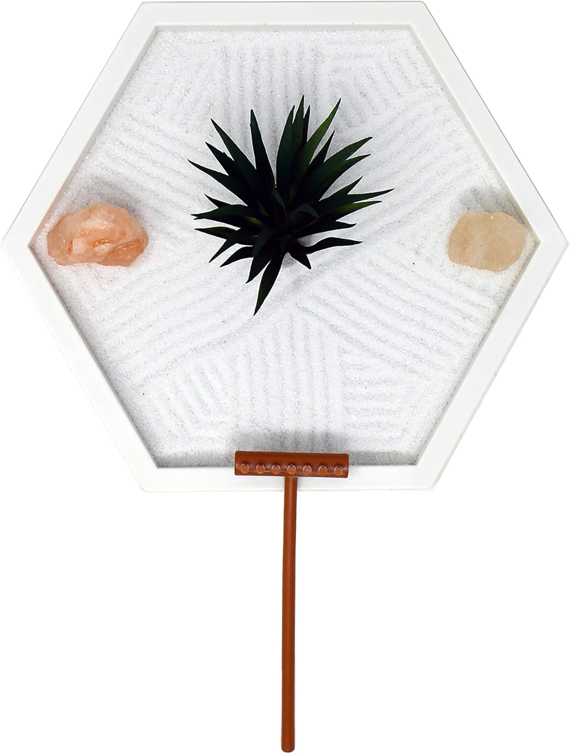 Nature's Mark Mini Zen Garden Kit for Desk with White Sand, Rake, White Base, Salt Rock and Air Plant (Hexagon)