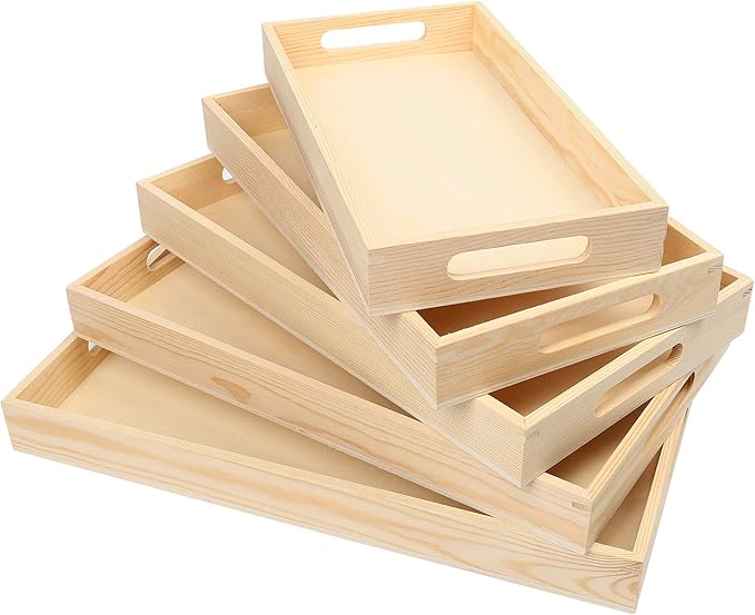 LotFancy Wooden Nested Serving Trays, Set of 5, Unfinished Natural Wood Trays with Handles, for Craft and Decor, Food Organizer for Breakfast, Lunch, Dinner