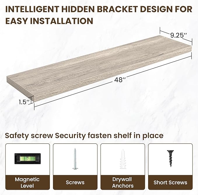 48 Inch Floating Shelves, 3D Textured Wood Grain, 48"x9.25"x1.5" Inch Deep Floating Shelves for Wall, Wooden Shelves for Bathroom, Bedroom, Living Room, Vintage Gray Oak
