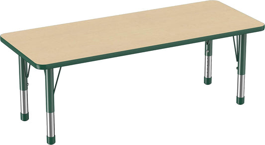 Factory Direct Partners FDP Rectangle Activity School and Classroom Kids Table (24 x 60 inch), Chunky Toddler Legs, Adjustable Height 15-24 inches - Maple Top and Green Edge