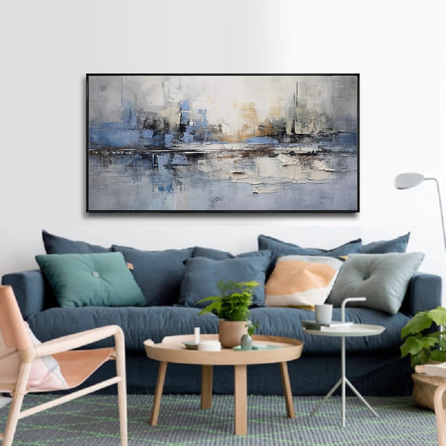 Abstract wall Art Framed Artwork Blue and Gray White Decor Modern Canvas Wall Prints Abstract Wall Decor Suitable for Bedroom apartment Office Dining Room Wall Decor Can Be Hung 24"x48"